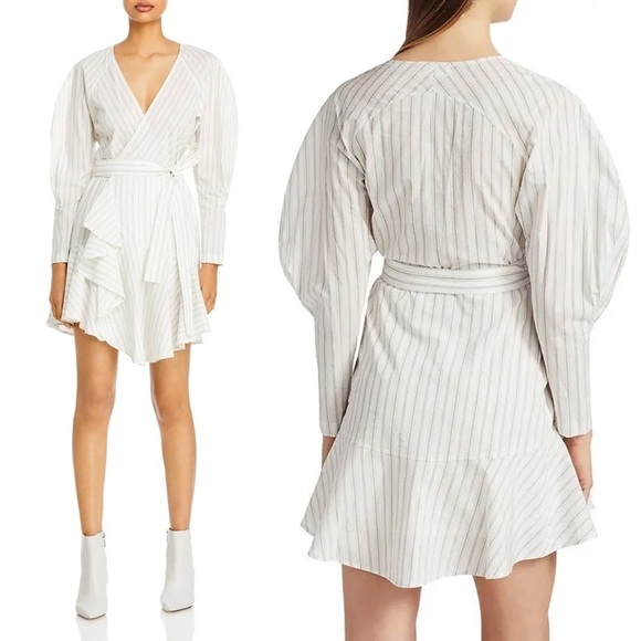 NWT ALC Striped Cotton Silk Blend Puff Long Sleeve Ruffle Hem Wrap Waist Dress 6 - Picture 6 of 12